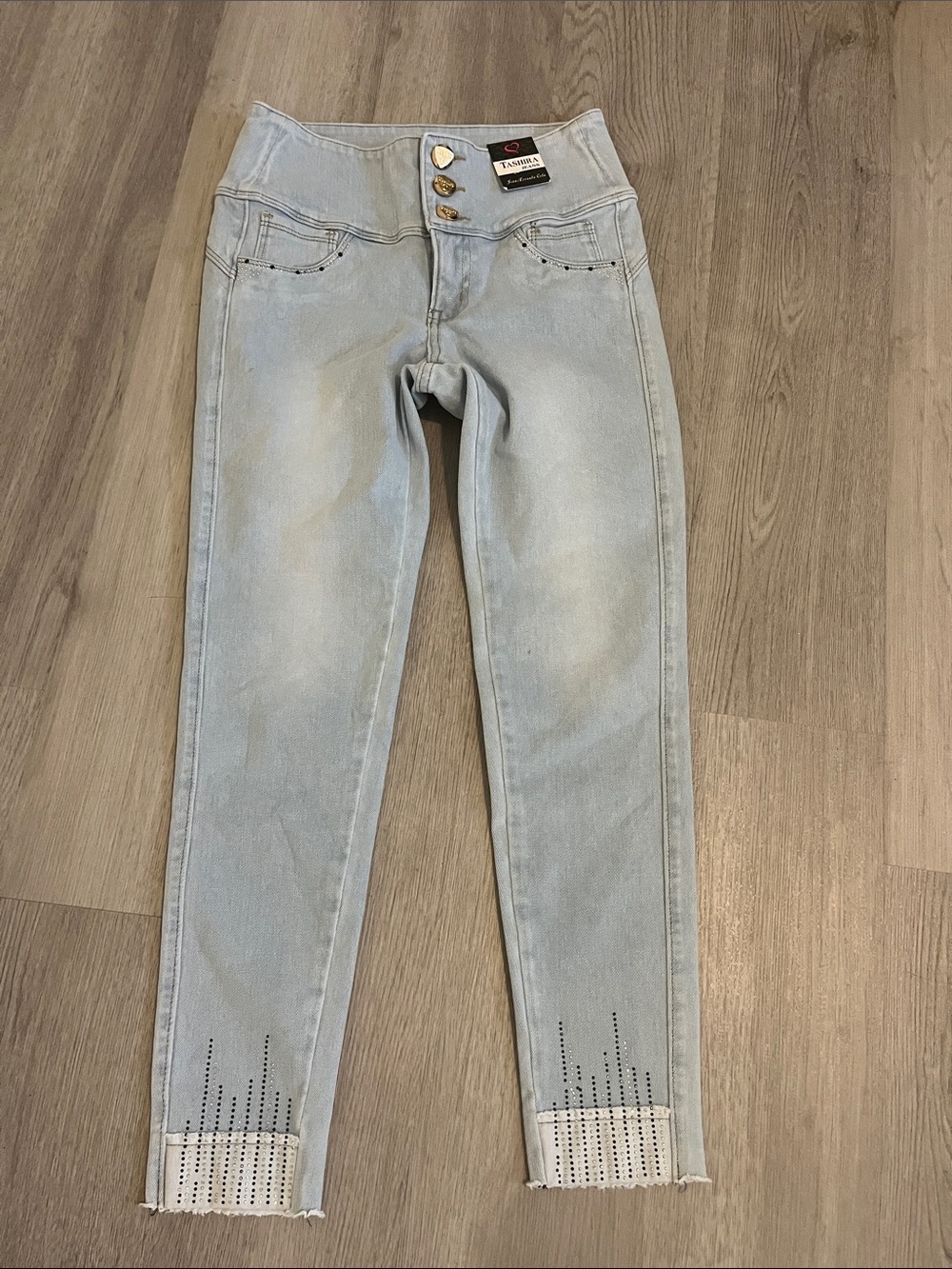 Light Wash High-Rise Skinny Jeans with Studded Hem — Unbranded